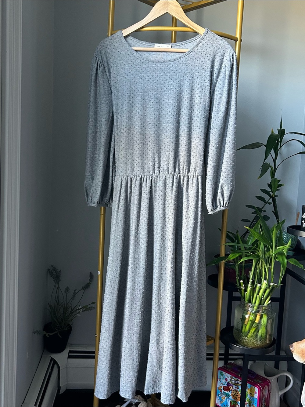 Boho Light Gray Swiss dots Long Sleeve Midi Dress with pockets plus size 2X NEW